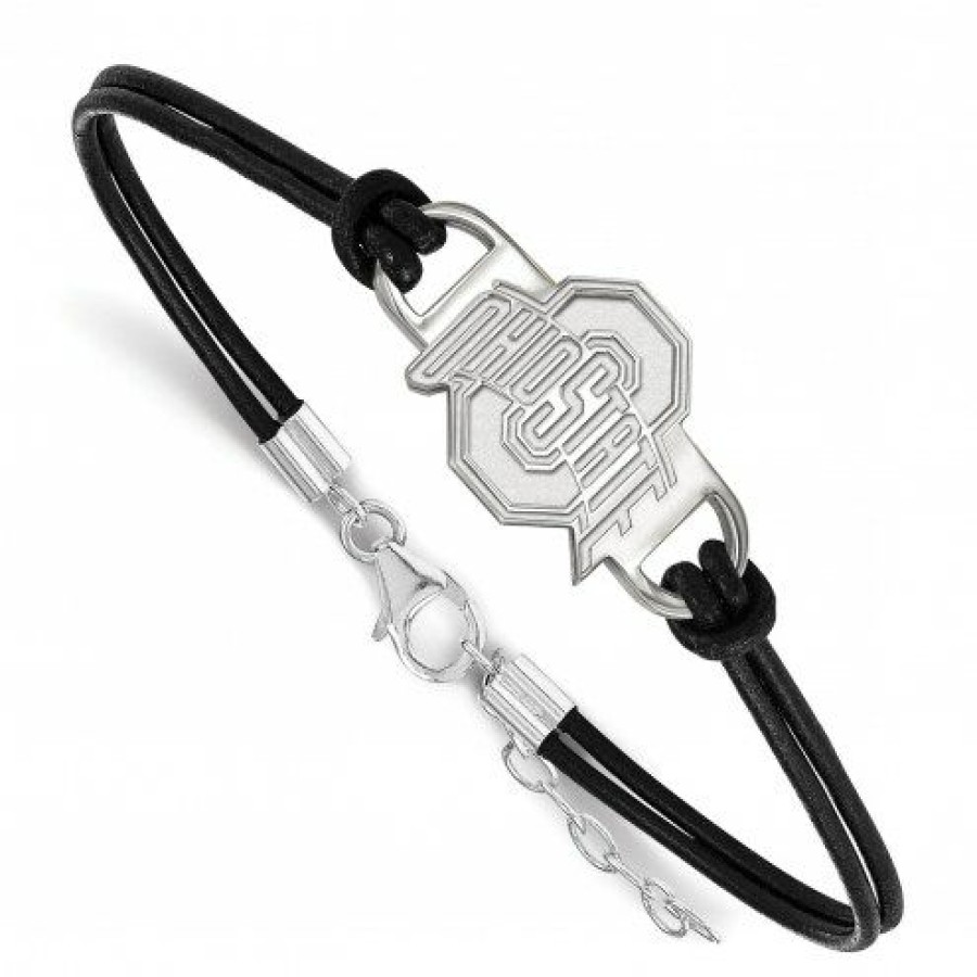 Watches & Jewelry * | Discount Ohio State Buckeyes Sterling Silver Black Leather Bracelet