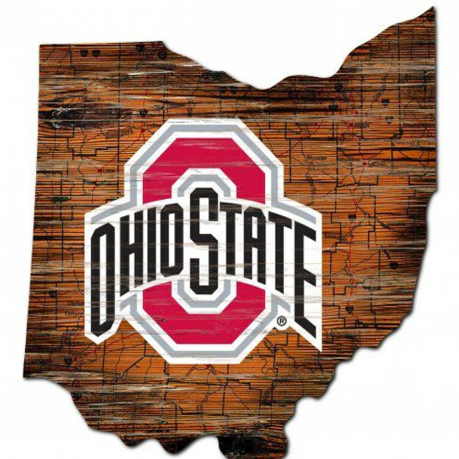 Home & Office Decor * | Discount Ohio State Buckeyes Distressed State With Logo Sign