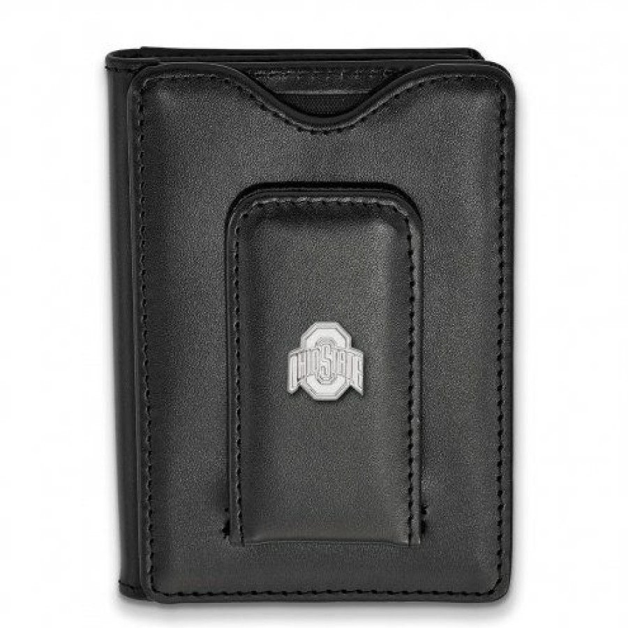 Watches & Jewelry * | Discount Ohio State Buckeyes Sterling Silver Black Leather Wallet